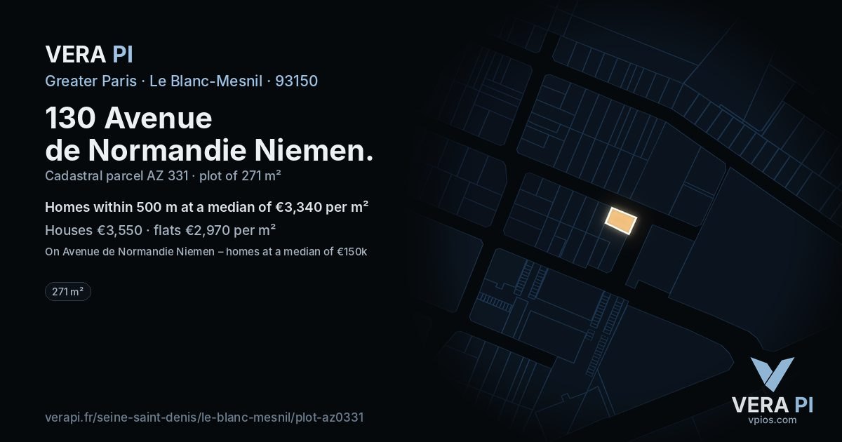 130 Avenue de Normandie Niemen, Le Blanc-Mesnil at night – the plot lit, the parcels around coloured by the prices near them