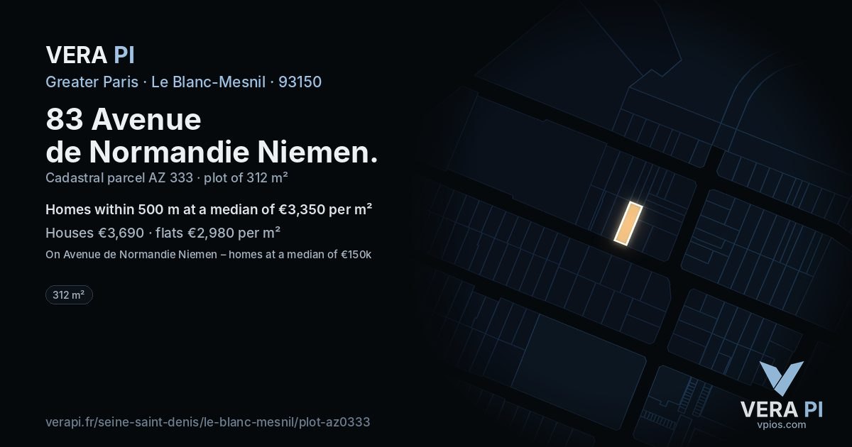83 Avenue de Normandie Niemen, Le Blanc-Mesnil at night – the plot lit, the parcels around coloured by the prices near them