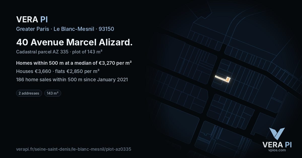 40 Avenue Marcel Alizard, Le Blanc-Mesnil at night – the plot lit, the parcels around coloured by the prices near them
