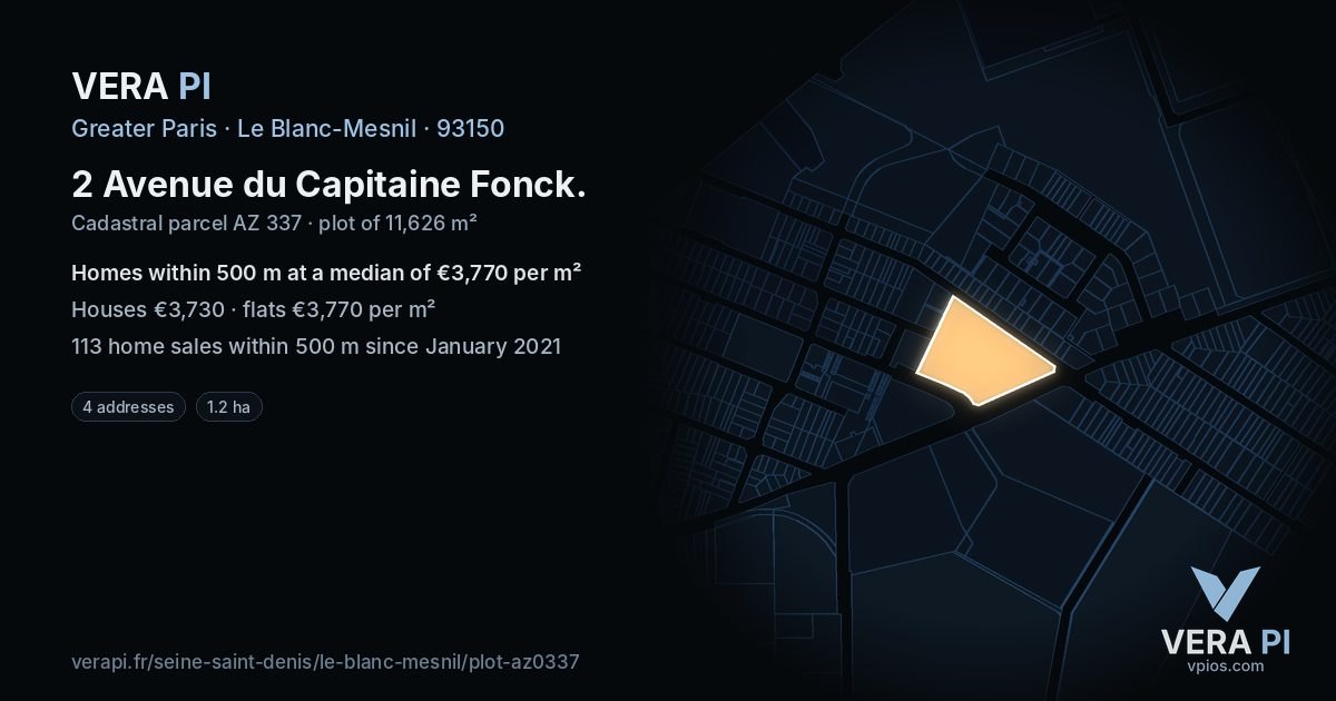 2 Avenue du Capitaine Fonck, Le Blanc-Mesnil at night – the plot lit, the parcels around coloured by the prices near them