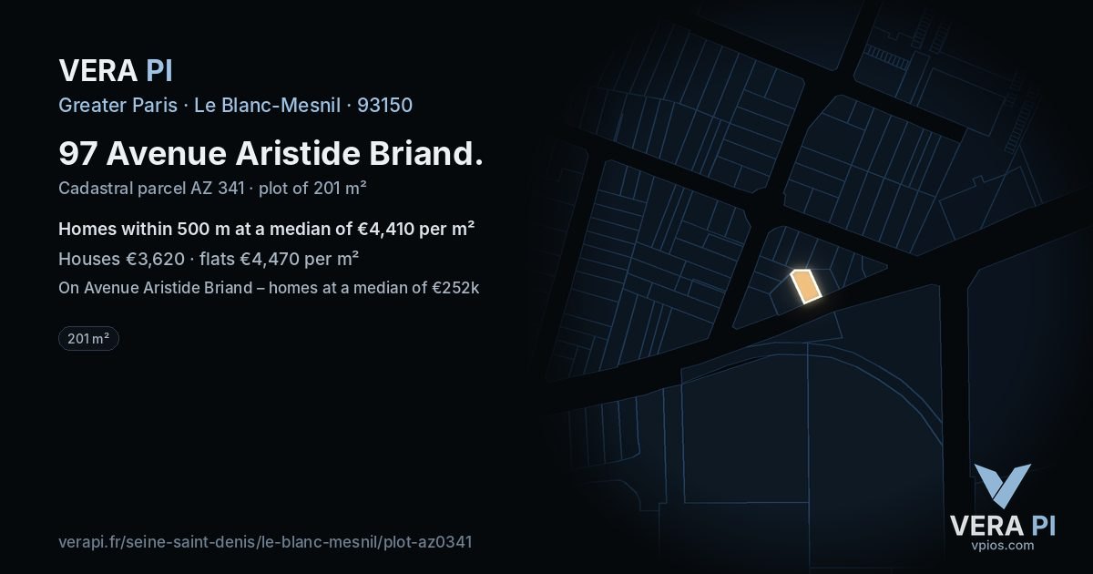 97 Avenue Aristide Briand, Le Blanc-Mesnil at night – the plot lit, the parcels around coloured by the prices near them