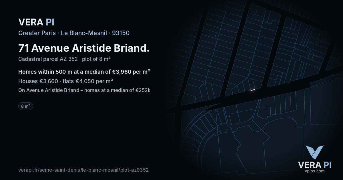 71 Avenue Aristide Briand, Le Blanc-Mesnil at night – the plot lit, the parcels around coloured by the prices near them