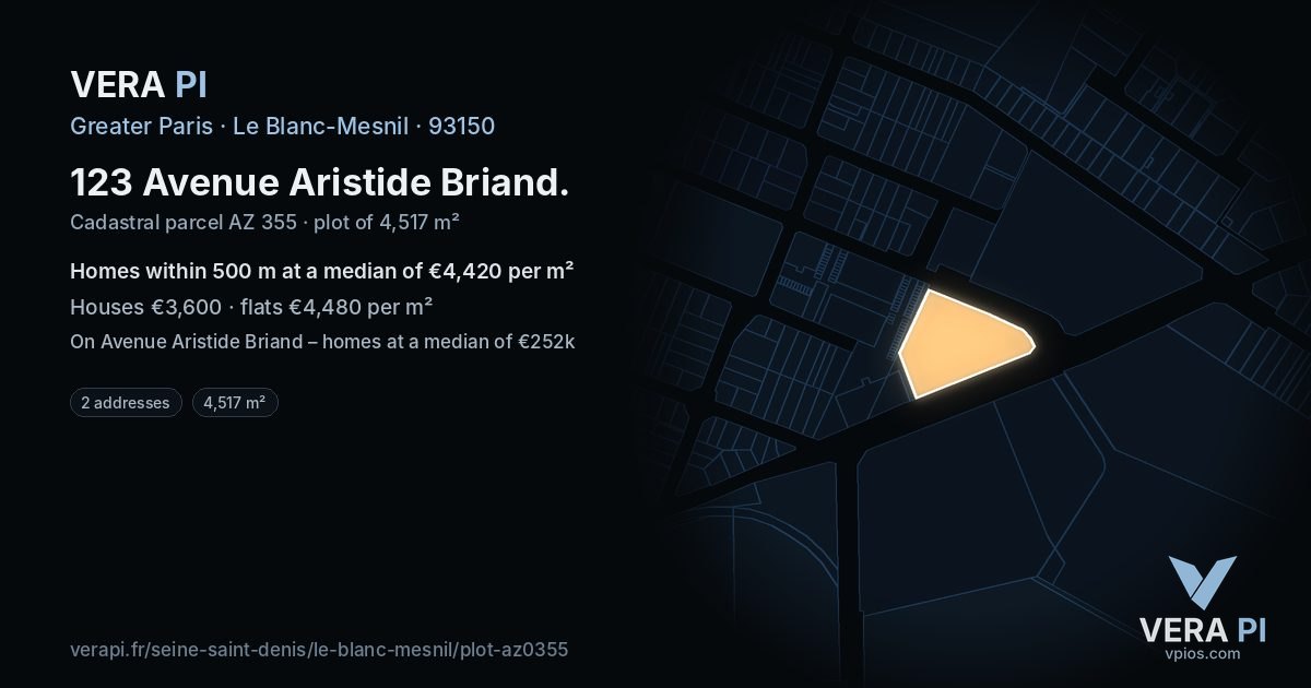 123 Avenue Aristide Briand, Le Blanc-Mesnil at night – the plot lit, the parcels around coloured by the prices near them