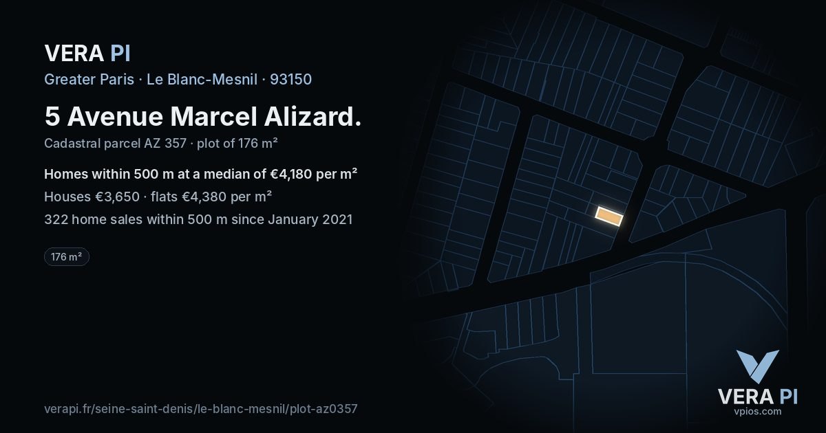 5 Avenue Marcel Alizard, Le Blanc-Mesnil at night – the plot lit, the parcels around coloured by the prices near them