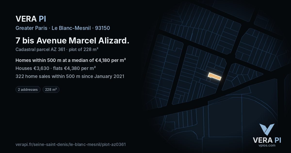 7 bis Avenue Marcel Alizard, Le Blanc-Mesnil at night – the plot lit, the parcels around coloured by the prices near them