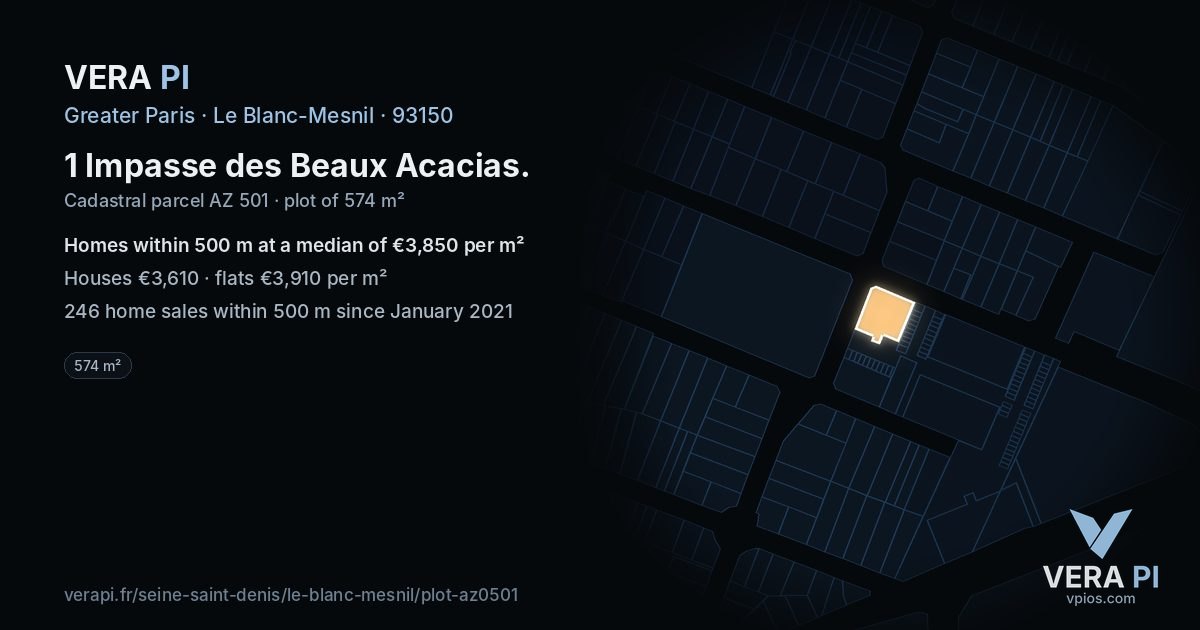1 Impasse des Beaux Acacias, Le Blanc-Mesnil at night – the plot lit, the parcels around coloured by the prices near them
