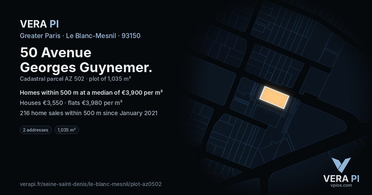 50 Avenue Georges Guynemer, Le Blanc-Mesnil at night – the plot lit, the parcels around coloured by the prices near them