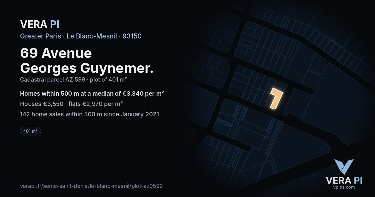 69 Avenue Georges Guynemer, Le Blanc-Mesnil at night – the plot lit, the parcels around coloured by the prices near them