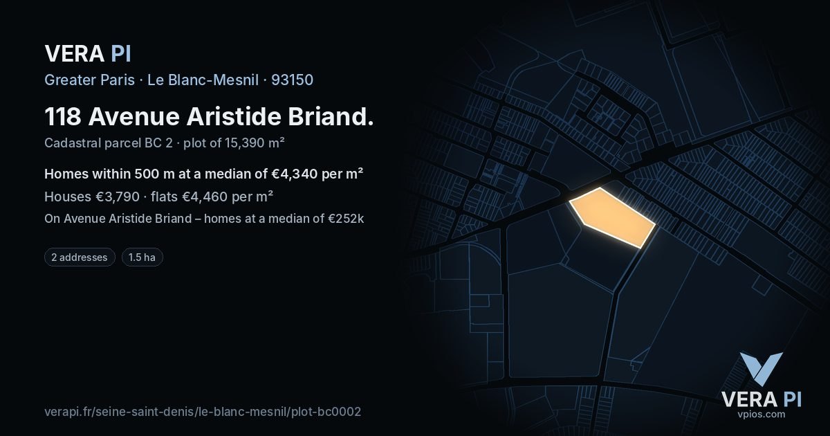 118 Avenue Aristide Briand, Le Blanc-Mesnil at night – the plot lit, the parcels around coloured by the prices near them