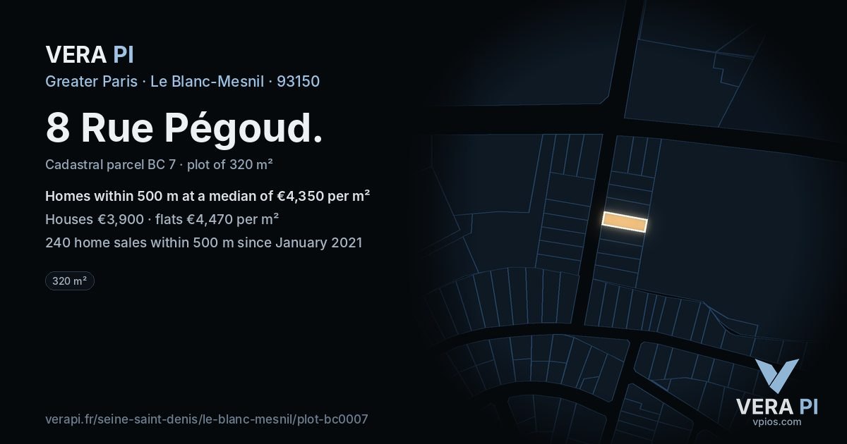 8 Rue Pégoud, Le Blanc-Mesnil at night – the plot lit, the parcels around coloured by the prices near them
