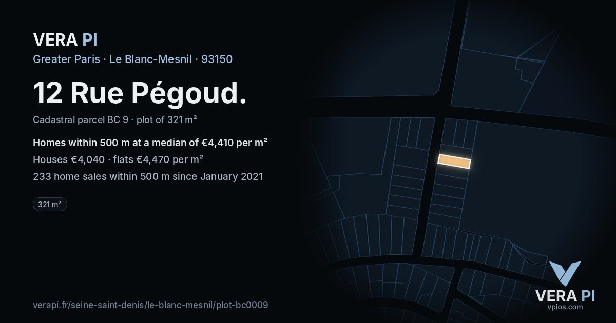 12 Rue Pégoud, Le Blanc-Mesnil at night – the plot lit, the parcels around coloured by the prices near them