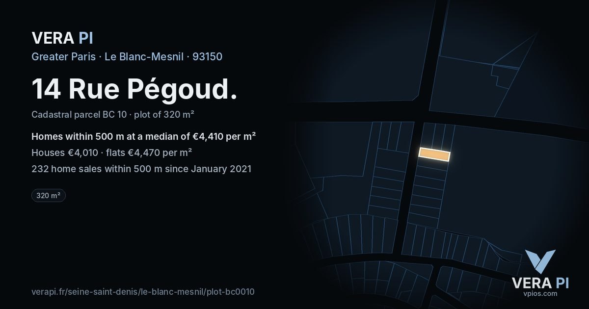 14 Rue Pégoud, Le Blanc-Mesnil at night – the plot lit, the parcels around coloured by the prices near them