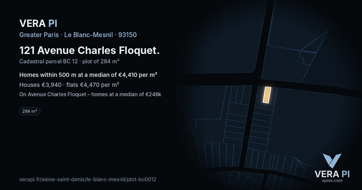 121 Avenue Charles Floquet, Le Blanc-Mesnil at night – the plot lit, the parcels around coloured by the prices near them