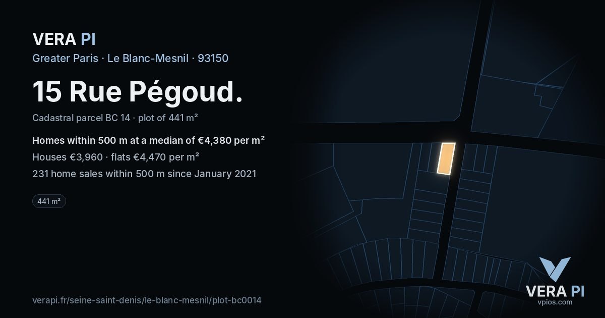15 Rue Pégoud, Le Blanc-Mesnil at night – the plot lit, the parcels around coloured by the prices near them