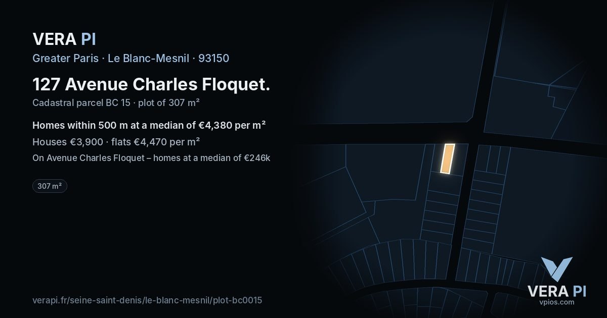 127 Avenue Charles Floquet, Le Blanc-Mesnil at night – the plot lit, the parcels around coloured by the prices near them