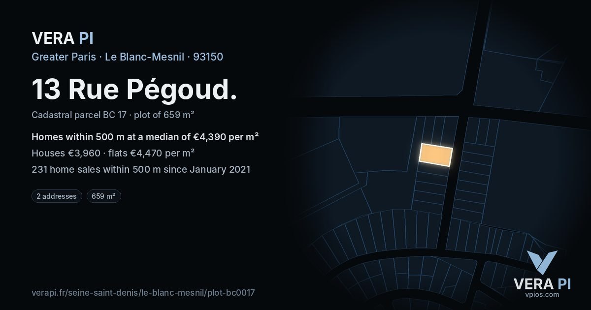 13 Rue Pégoud, Le Blanc-Mesnil at night – the plot lit, the parcels around coloured by the prices near them