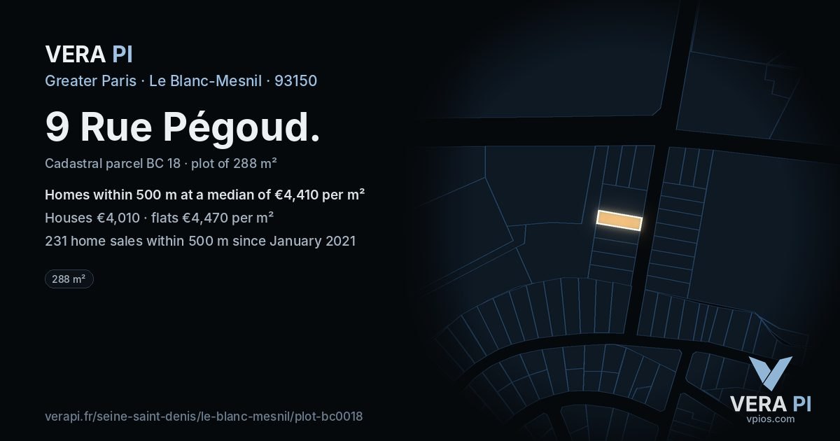 9 Rue Pégoud, Le Blanc-Mesnil at night – the plot lit, the parcels around coloured by the prices near them