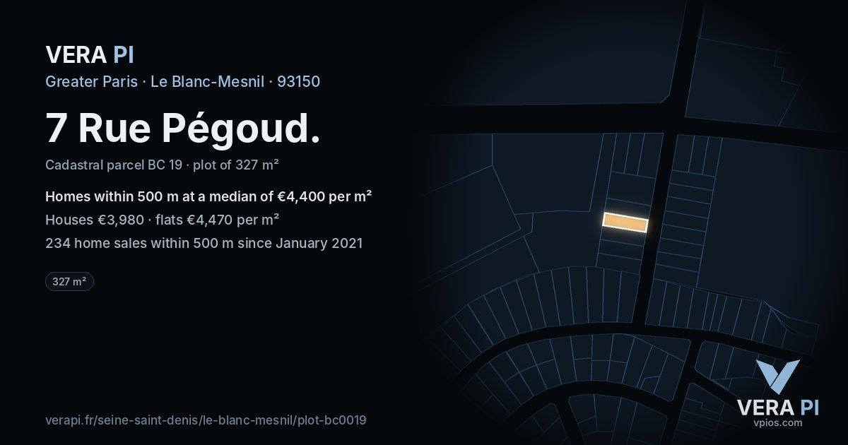 7 Rue Pégoud, Le Blanc-Mesnil at night – the plot lit, the parcels around coloured by the prices near them