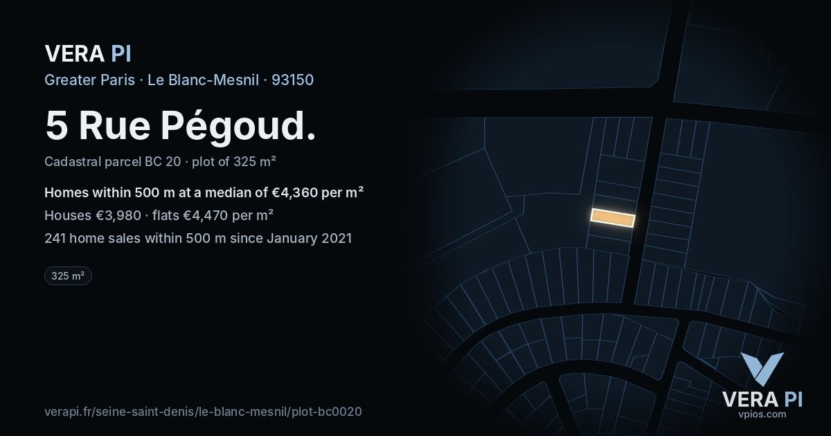 5 Rue Pégoud, Le Blanc-Mesnil at night – the plot lit, the parcels around coloured by the prices near them