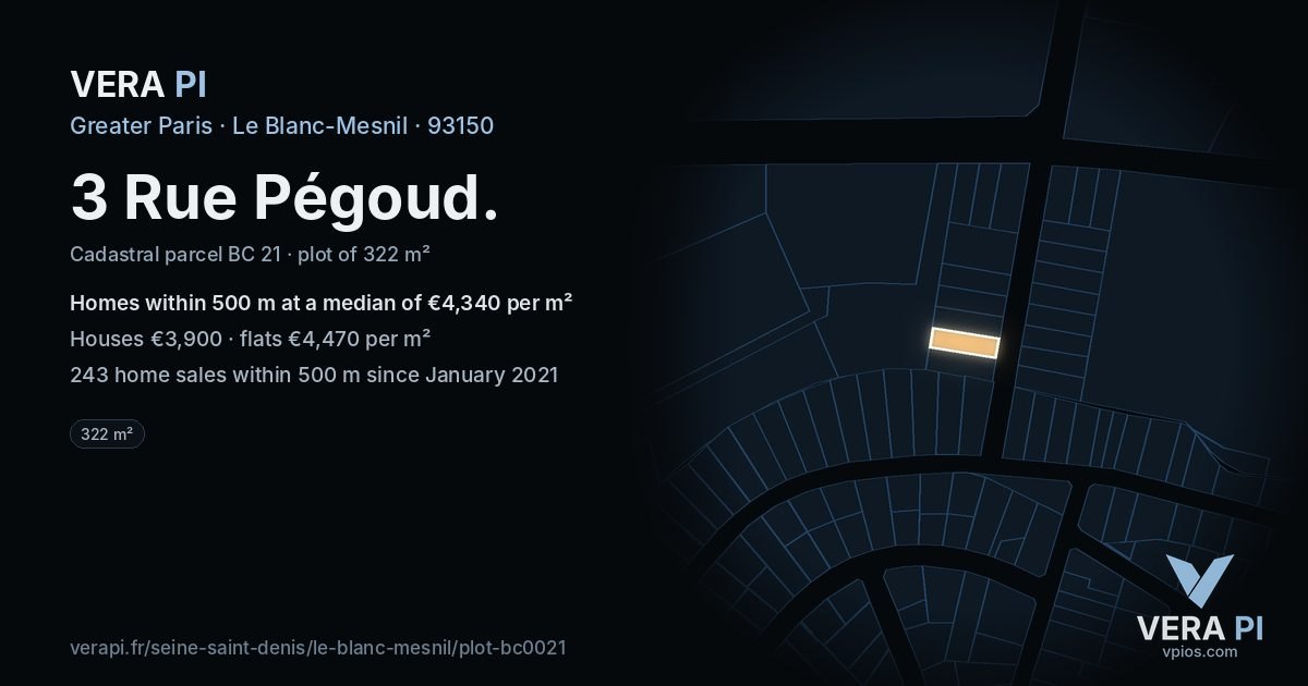 3 Rue Pégoud, Le Blanc-Mesnil at night – the plot lit, the parcels around coloured by the prices near them