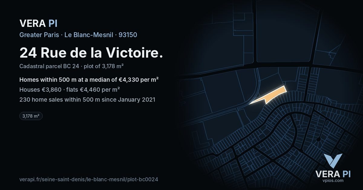 24 Rue de la Victoire, Le Blanc-Mesnil at night – the plot lit, the parcels around coloured by the prices near them