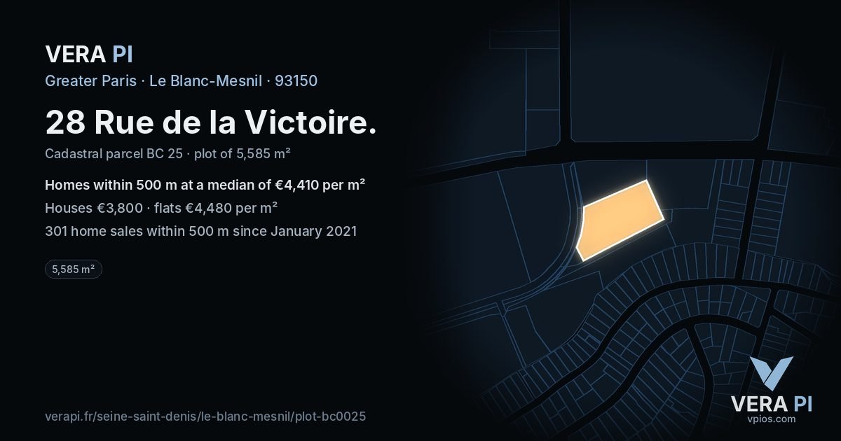 28 Rue de la Victoire, Le Blanc-Mesnil at night – the plot lit, the parcels around coloured by the prices near them