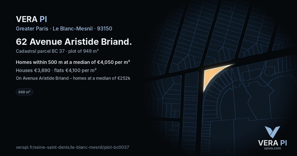62 Avenue Aristide Briand, Le Blanc-Mesnil at night – the plot lit, the parcels around coloured by the prices near them