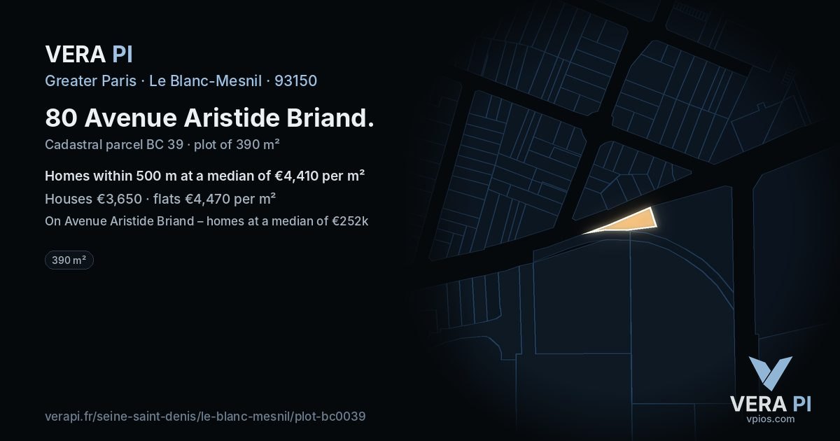 80 Avenue Aristide Briand, Le Blanc-Mesnil at night – the plot lit, the parcels around coloured by the prices near them
