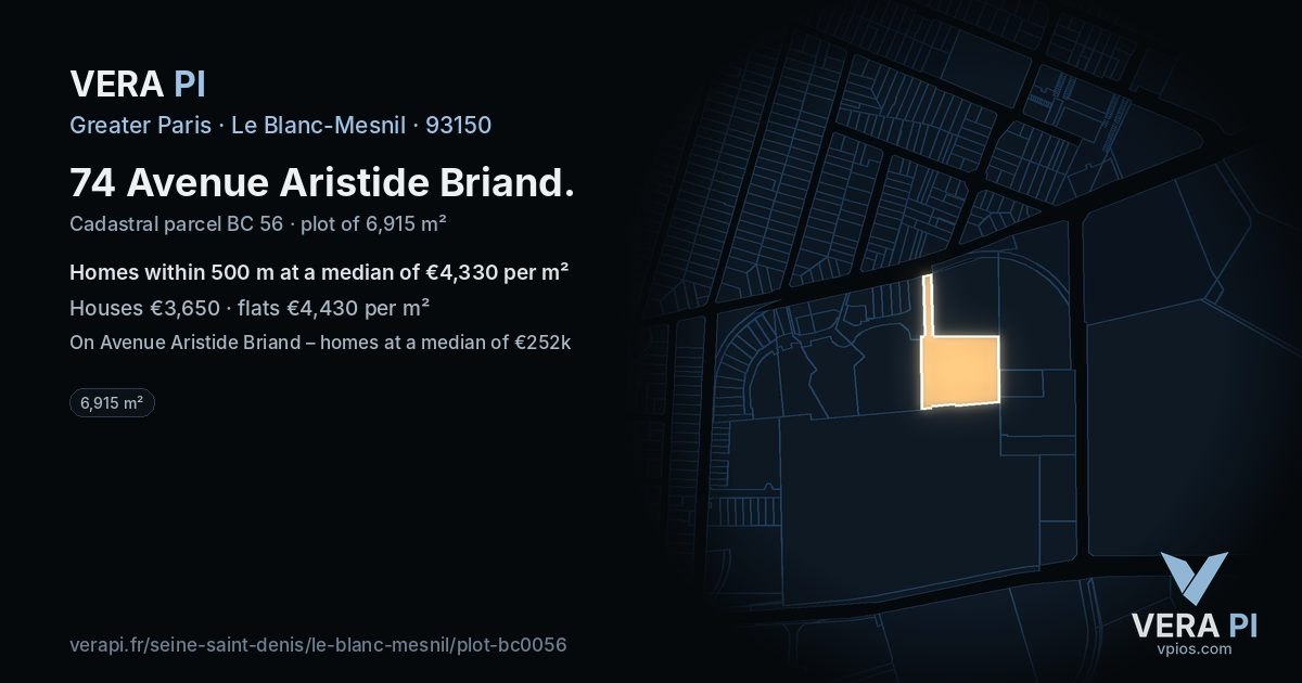 74 Avenue Aristide Briand, Le Blanc-Mesnil at night – the plot lit, the parcels around coloured by the prices near them