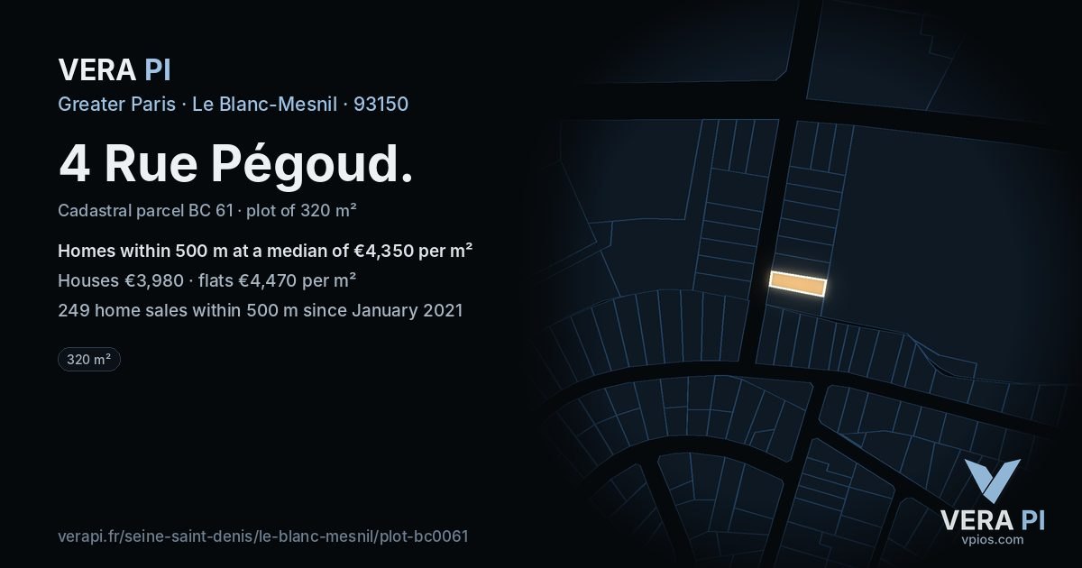 4 Rue Pégoud, Le Blanc-Mesnil at night – the plot lit, the parcels around coloured by the prices near them