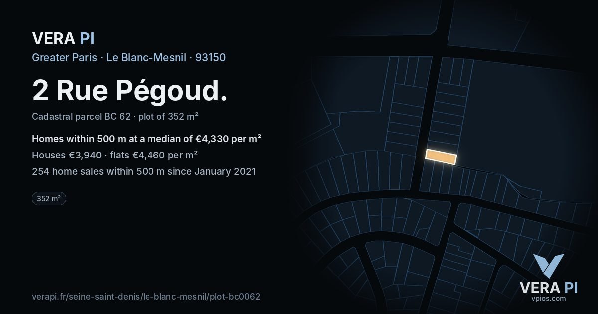 2 Rue Pégoud, Le Blanc-Mesnil at night – the plot lit, the parcels around coloured by the prices near them