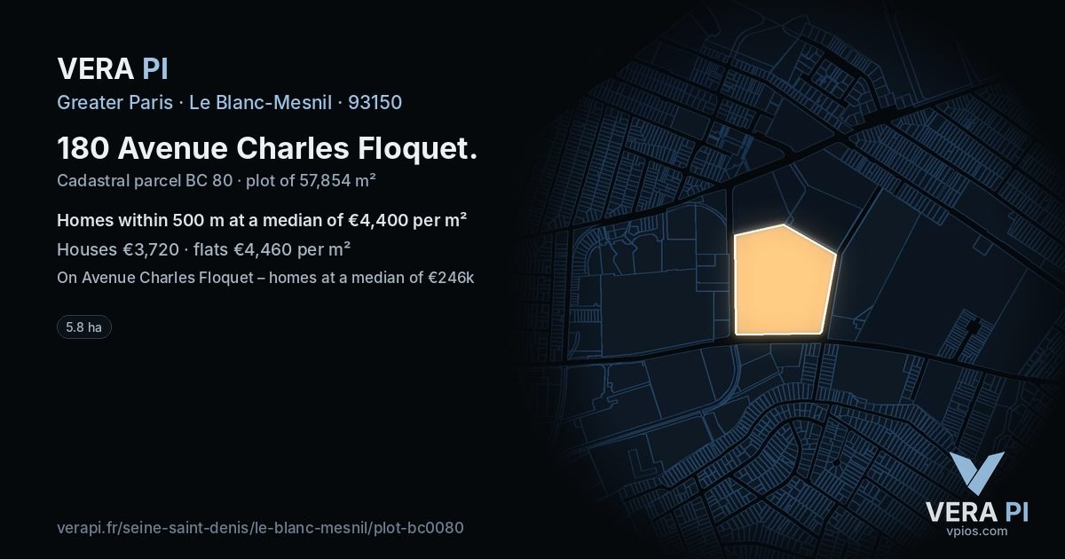 180 Avenue Charles Floquet, Le Blanc-Mesnil at night – the plot lit, the parcels around coloured by the prices near them
