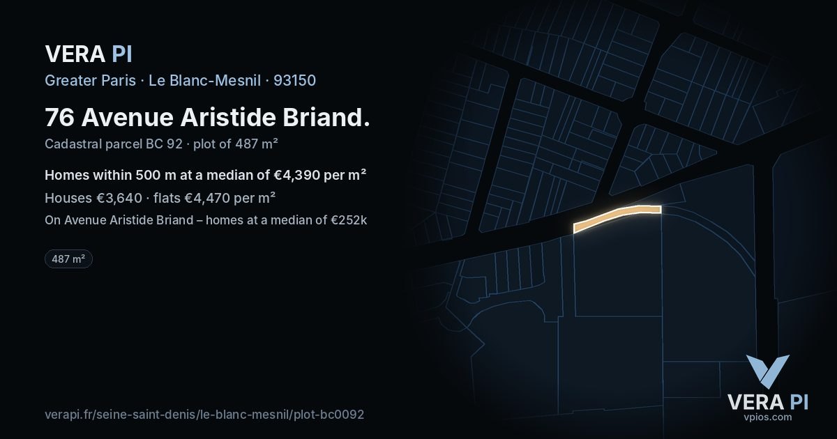 76 Avenue Aristide Briand, Le Blanc-Mesnil at night – the plot lit, the parcels around coloured by the prices near them
