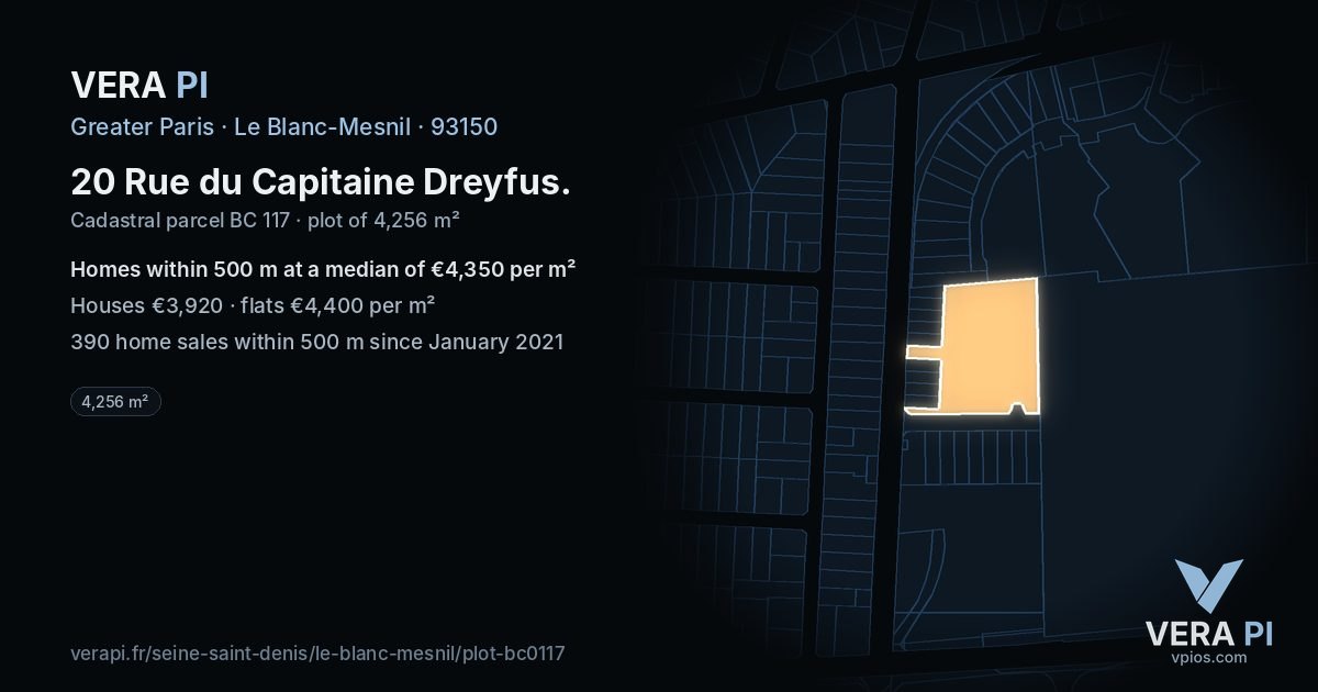 20 Rue du Capitaine Dreyfus, Le Blanc-Mesnil at night – the plot lit, the parcels around coloured by the prices near them