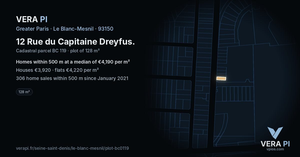 12 Rue du Capitaine Dreyfus, Le Blanc-Mesnil at night – the plot lit, the parcels around coloured by the prices near them