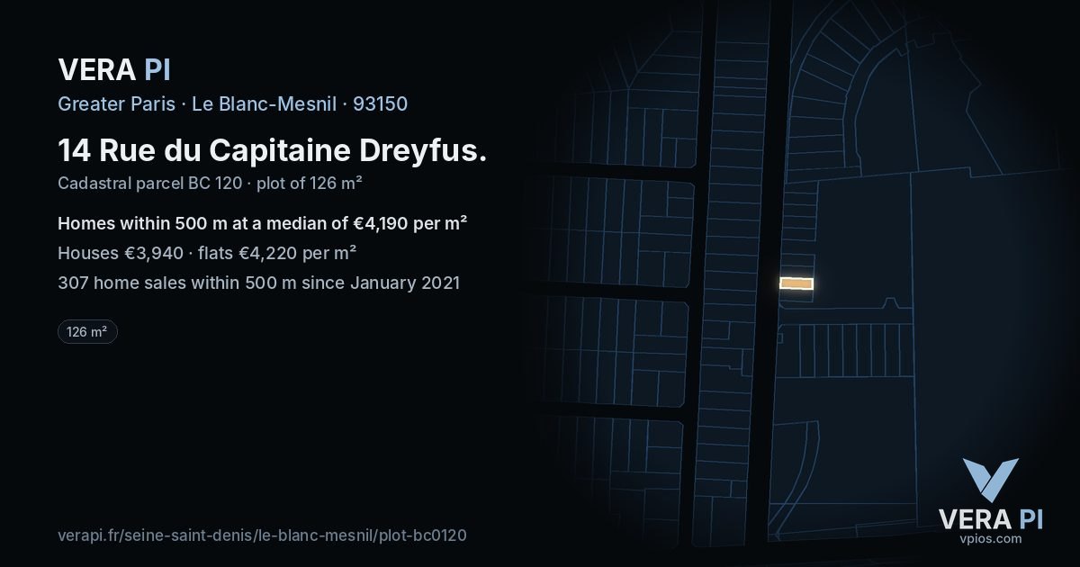14 Rue du Capitaine Dreyfus, Le Blanc-Mesnil at night – the plot lit, the parcels around coloured by the prices near them