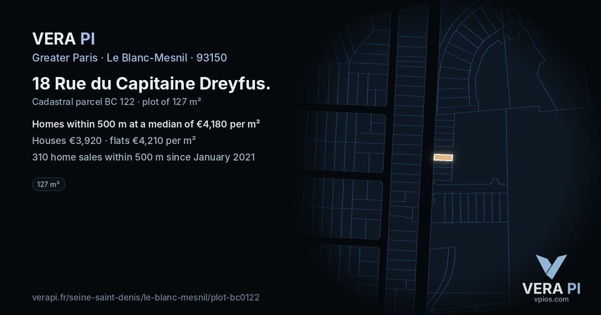 18 Rue du Capitaine Dreyfus, Le Blanc-Mesnil at night – the plot lit, the parcels around coloured by the prices near them