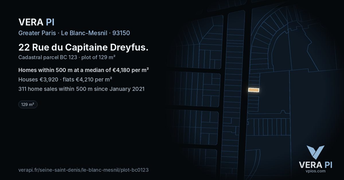 22 Rue du Capitaine Dreyfus, Le Blanc-Mesnil at night – the plot lit, the parcels around coloured by the prices near them