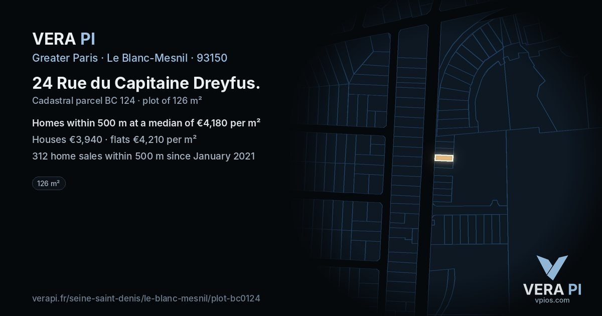 24 Rue du Capitaine Dreyfus, Le Blanc-Mesnil at night – the plot lit, the parcels around coloured by the prices near them