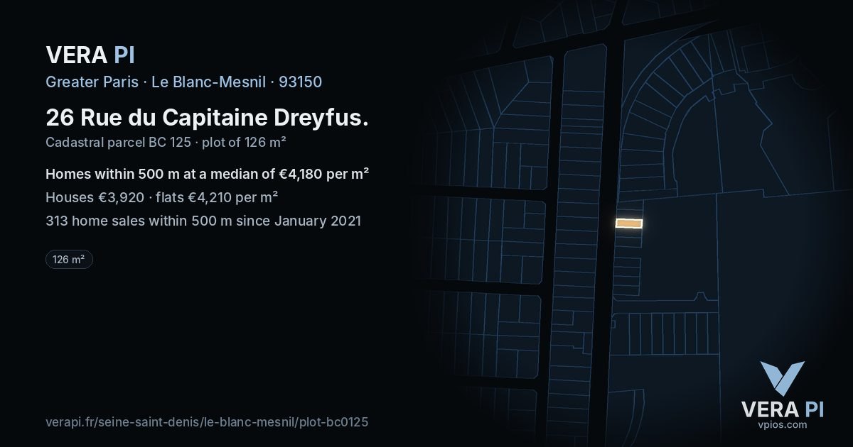 26 Rue du Capitaine Dreyfus, Le Blanc-Mesnil at night – the plot lit, the parcels around coloured by the prices near them