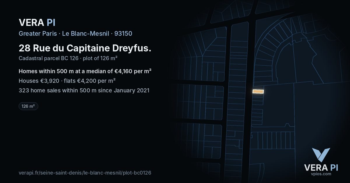 28 Rue du Capitaine Dreyfus, Le Blanc-Mesnil at night – the plot lit, the parcels around coloured by the prices near them