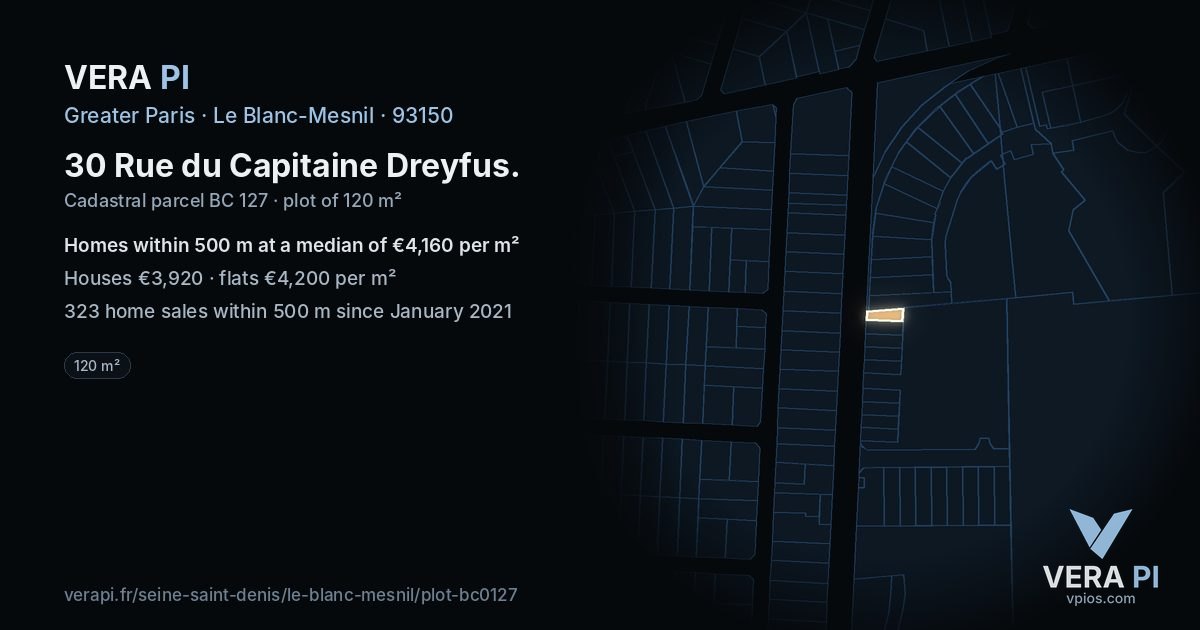30 Rue du Capitaine Dreyfus, Le Blanc-Mesnil at night – the plot lit, the parcels around coloured by the prices near them