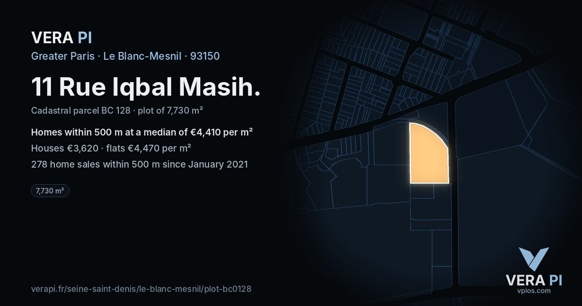 11 Rue Iqbal Masih, Le Blanc-Mesnil at night – the plot lit, the parcels around coloured by the prices near them
