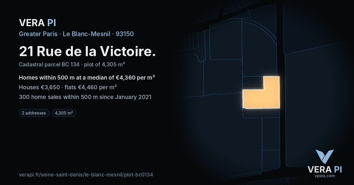 21 Rue de la Victoire, Le Blanc-Mesnil at night – the plot lit, the parcels around coloured by the prices near them