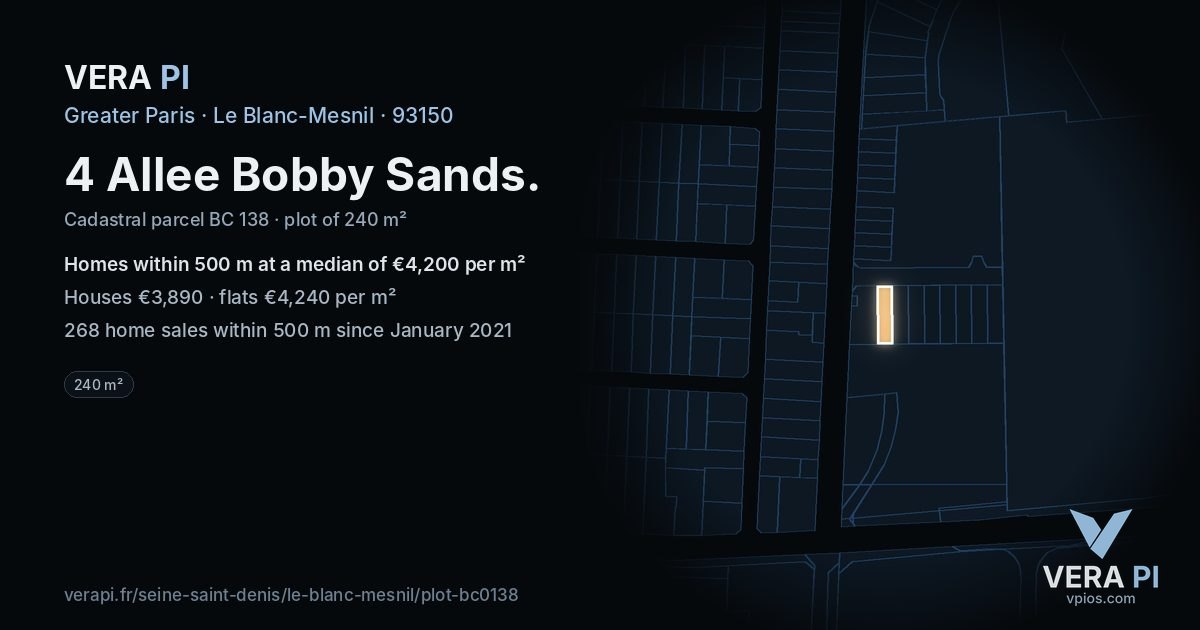 4 Allee Bobby Sands, Le Blanc-Mesnil at night – the plot lit, the parcels around coloured by the prices near them