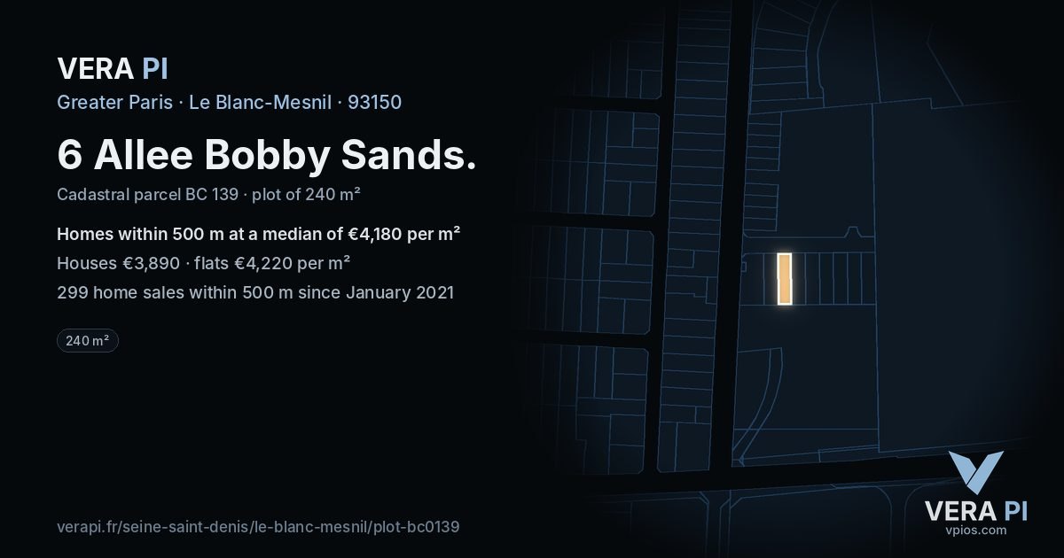 6 Allee Bobby Sands, Le Blanc-Mesnil at night – the plot lit, the parcels around coloured by the prices near them