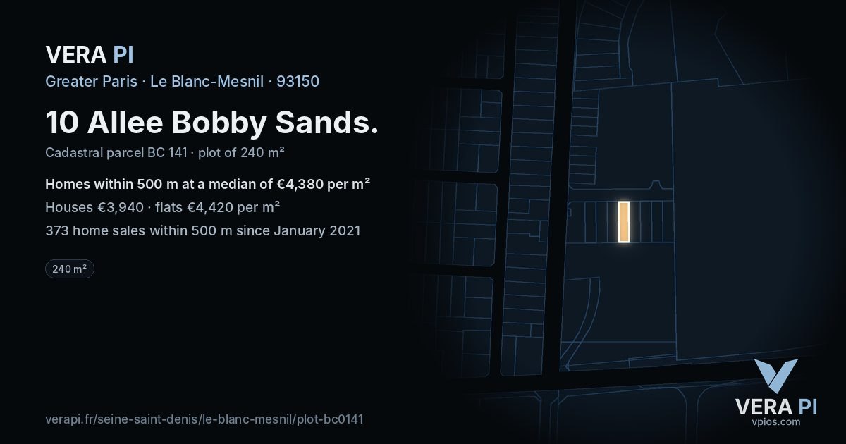 10 Allee Bobby Sands, Le Blanc-Mesnil at night – the plot lit, the parcels around coloured by the prices near them