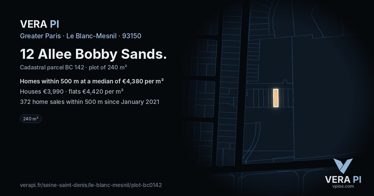 12 Allee Bobby Sands, Le Blanc-Mesnil at night – the plot lit, the parcels around coloured by the prices near them