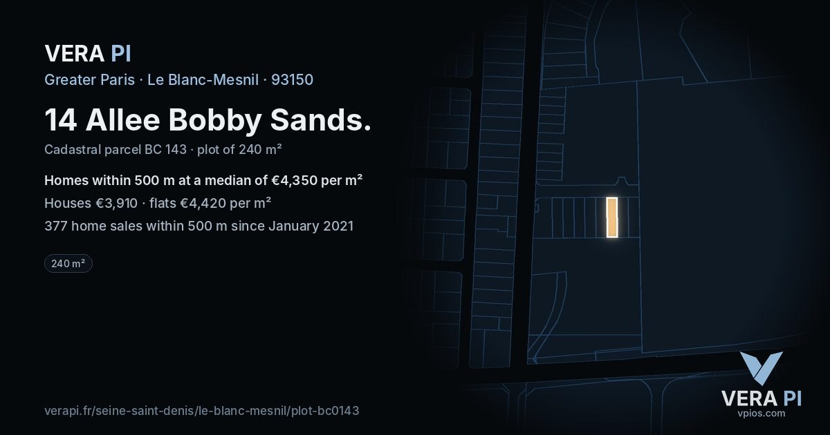 14 Allee Bobby Sands, Le Blanc-Mesnil at night – the plot lit, the parcels around coloured by the prices near them