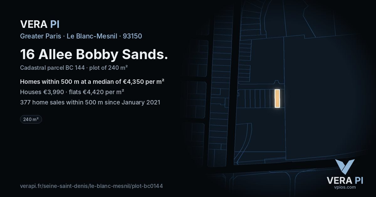 16 Allee Bobby Sands, Le Blanc-Mesnil at night – the plot lit, the parcels around coloured by the prices near them